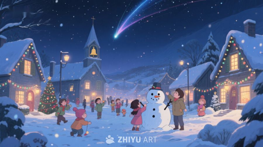 冬夜小镇，雪人与孩子们的欢乐时光 96