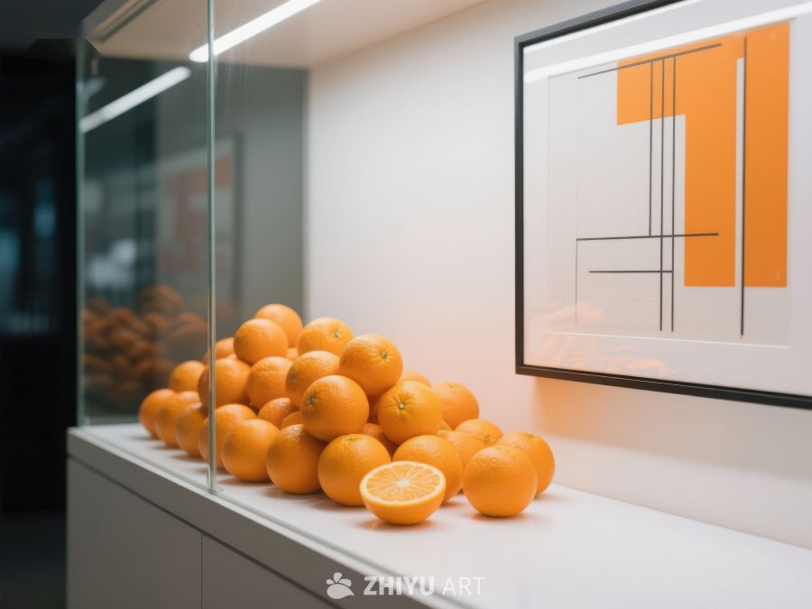 橙子堆放在现代室内展示台上 159
