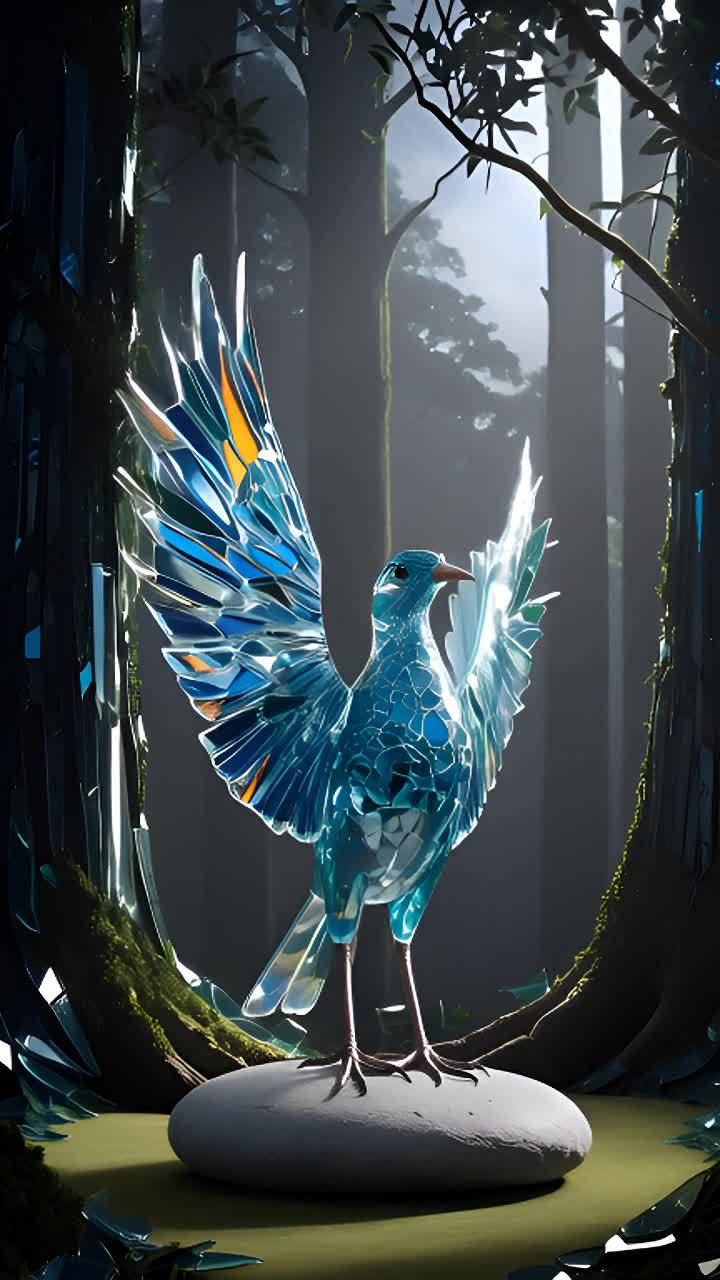 一只由彩色玻璃构成的鸟站在密林中的一块石头上，它展