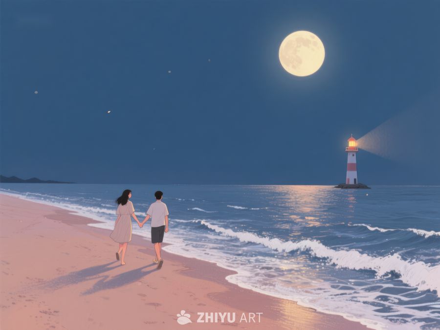 月下海滩漫步，灯塔相伴 1207