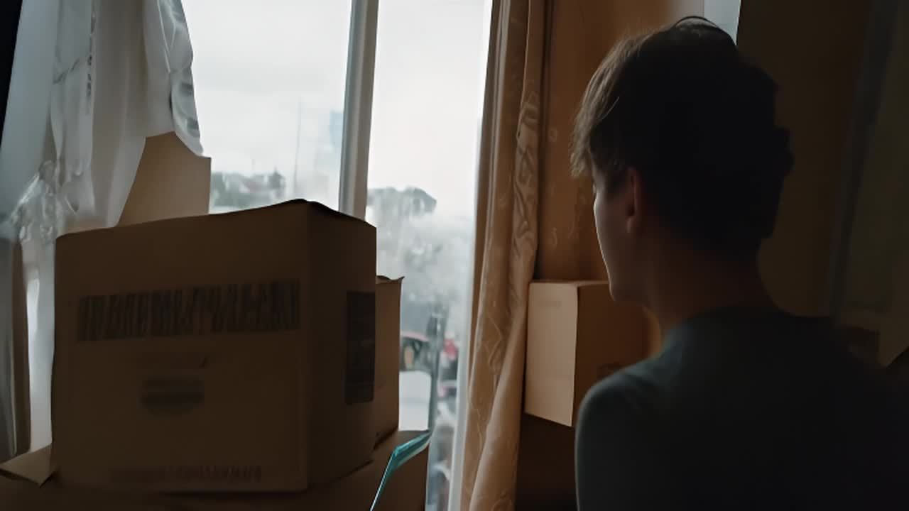 一个年轻男子在一个小公寓里打包搬家用的箱子。堆叠着
