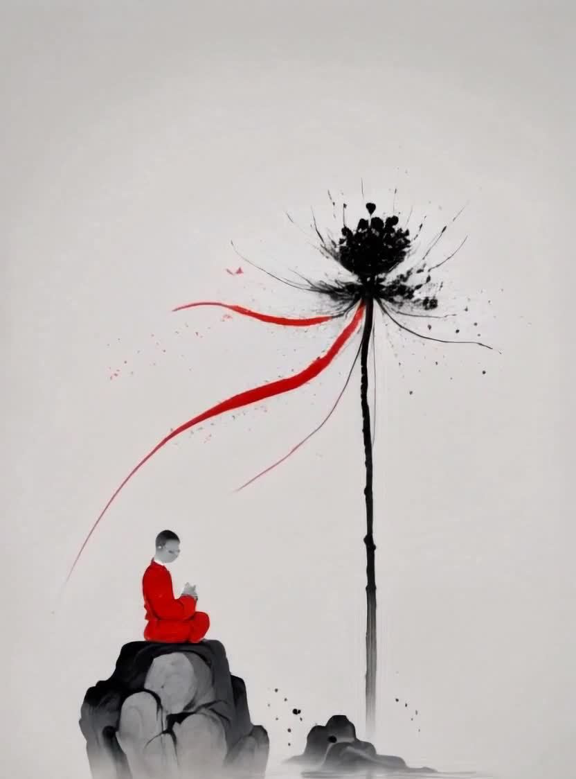 红衣僧侣冥想，黑花与红线，水墨极简风。