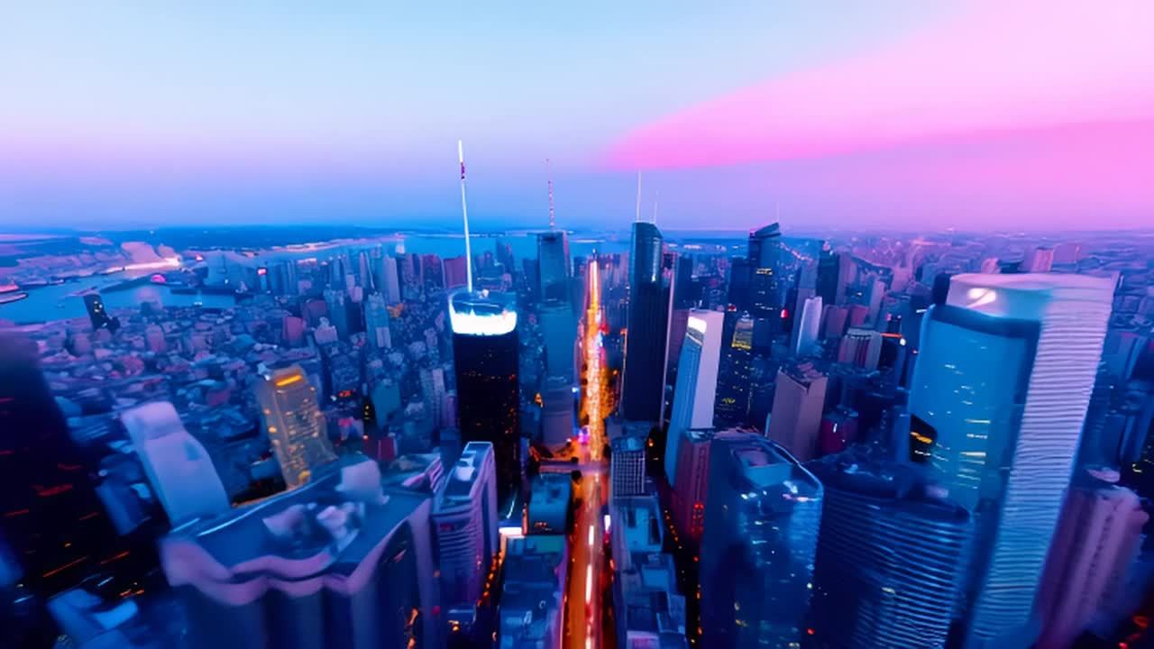 蓝粉色调的城市景观，高楼林立，街道纵横交错。白天的