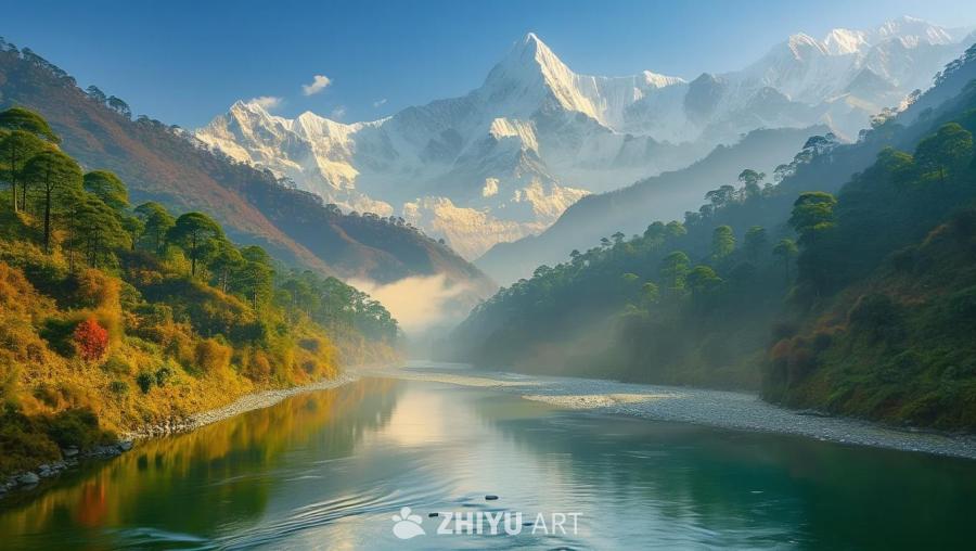 雪山山顶被白雪覆盖，山脚是茂密的森林。一条河流穿过