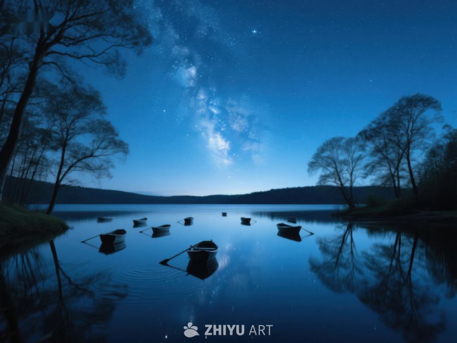 夜空下的静谧湖面与漂浮小舟 343
