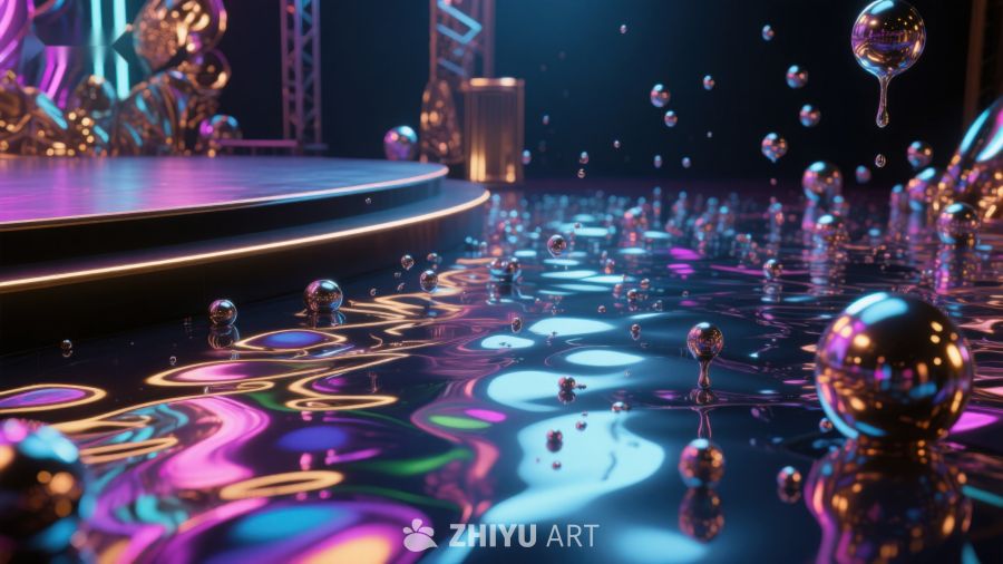 未来舞台与液态金属球的奇幻场景 756