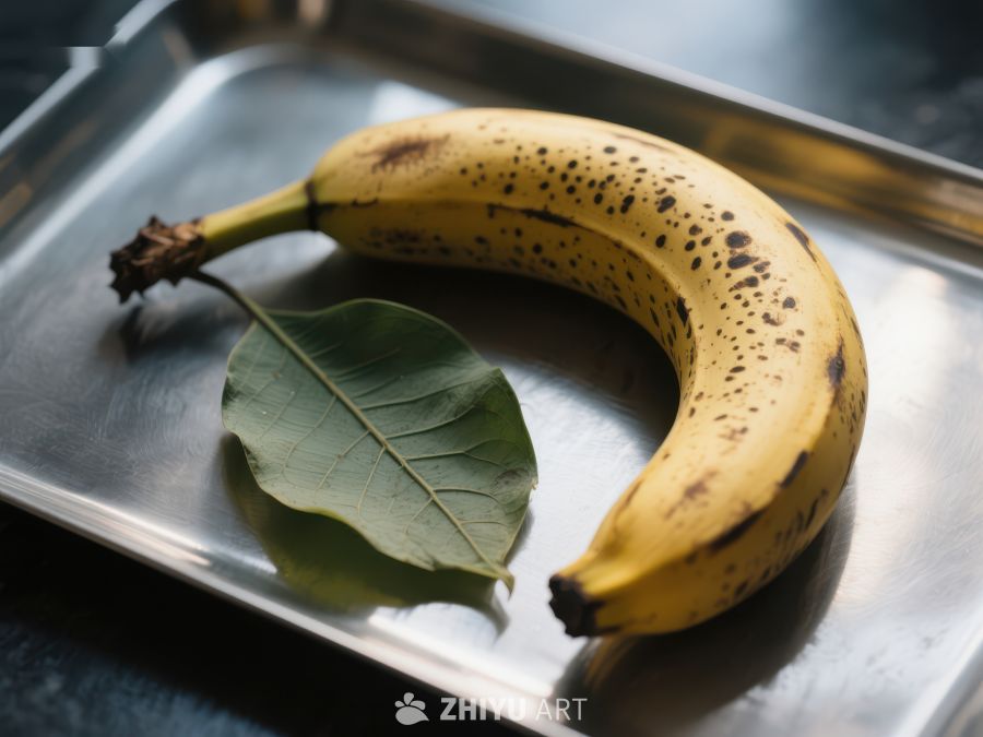 斑点香蕉与绿叶置于金属盘 2