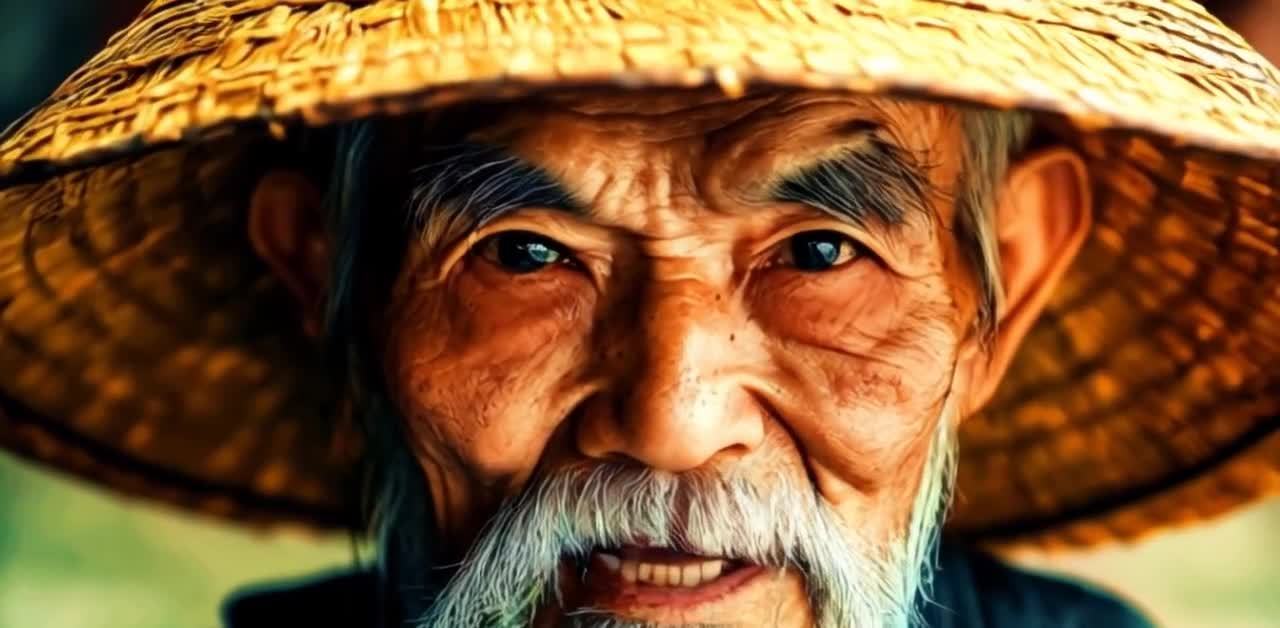 一位戴着草帽的老人，面部特写镜头。老人皮肤呈棕色，