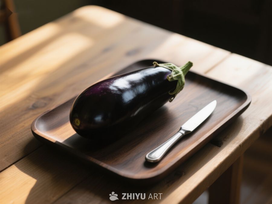茄子置于木质托盘与刀旁 241