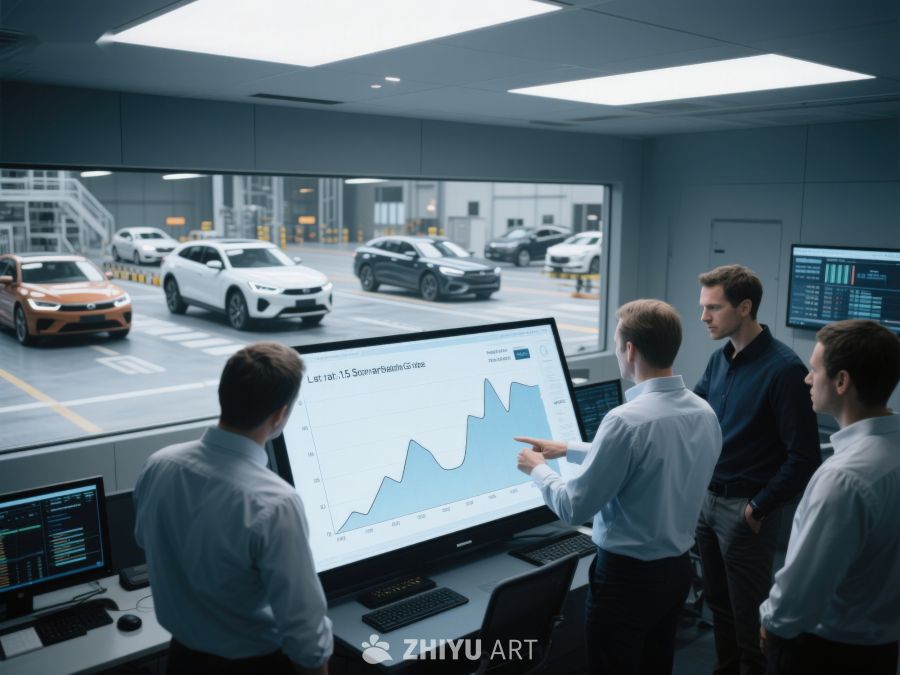 团队分析数据图表，背景为汽车生产线 436