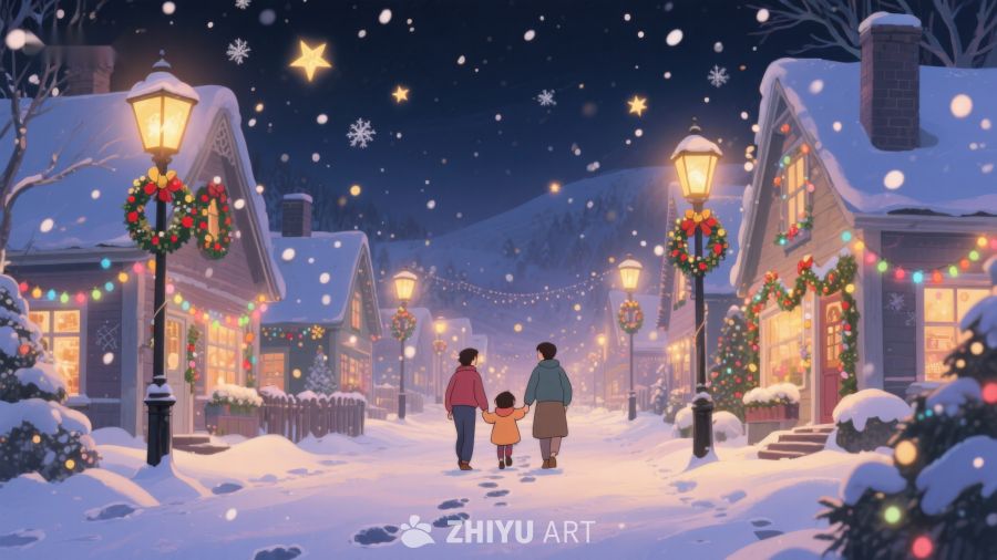冬夜雪景中的温馨家庭漫步 118
