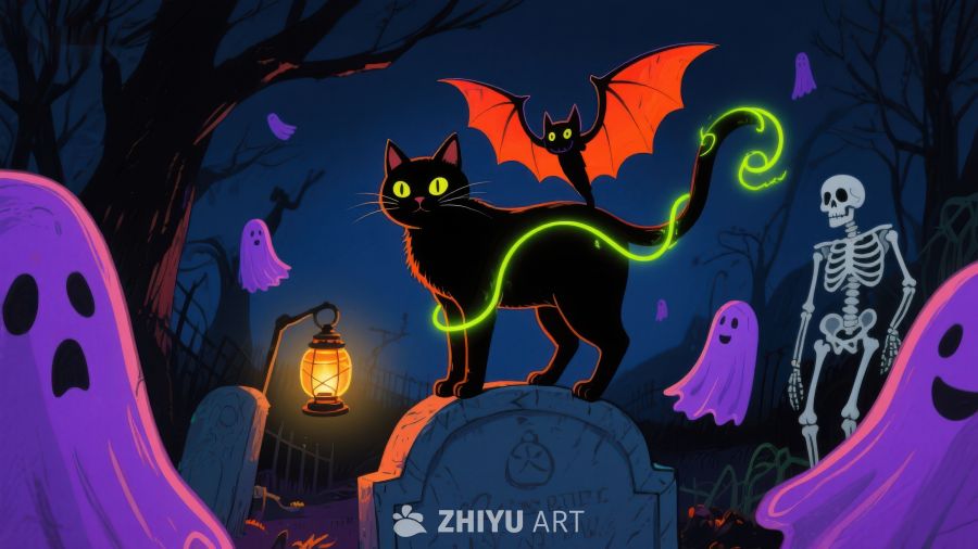 万圣夜墓地里的黑猫与幽灵