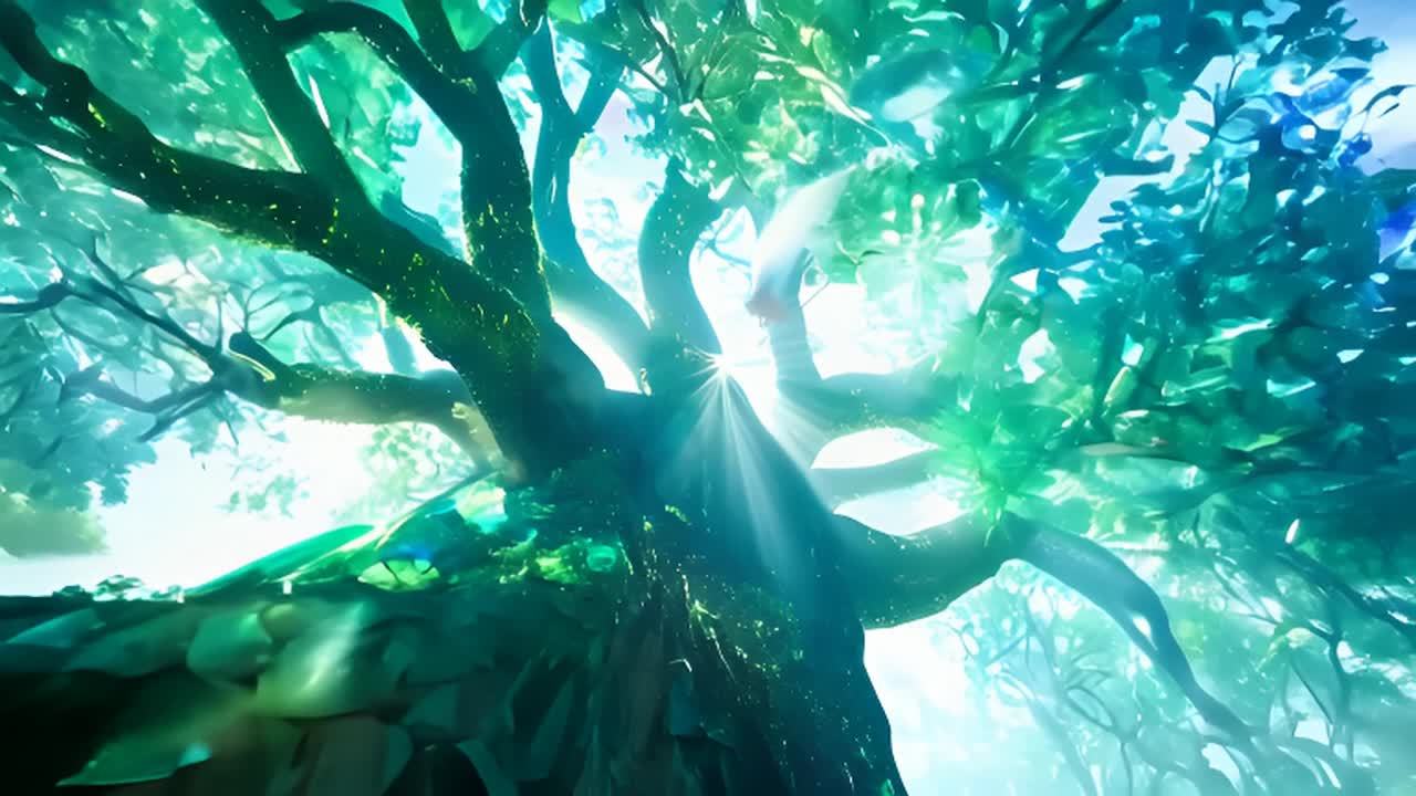 这棵水晶树延伸至无限远处，枝条闪耀着翡翠和蓝宝石般