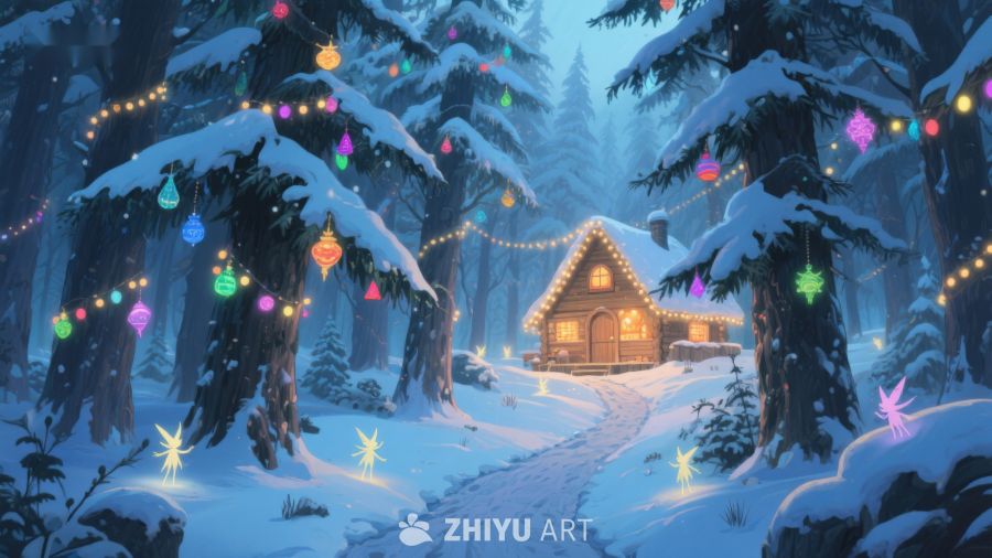 雪夜森林中的温馨小屋 405