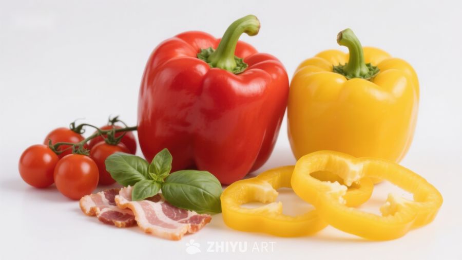 彩椒番茄培根与罗勒组合
