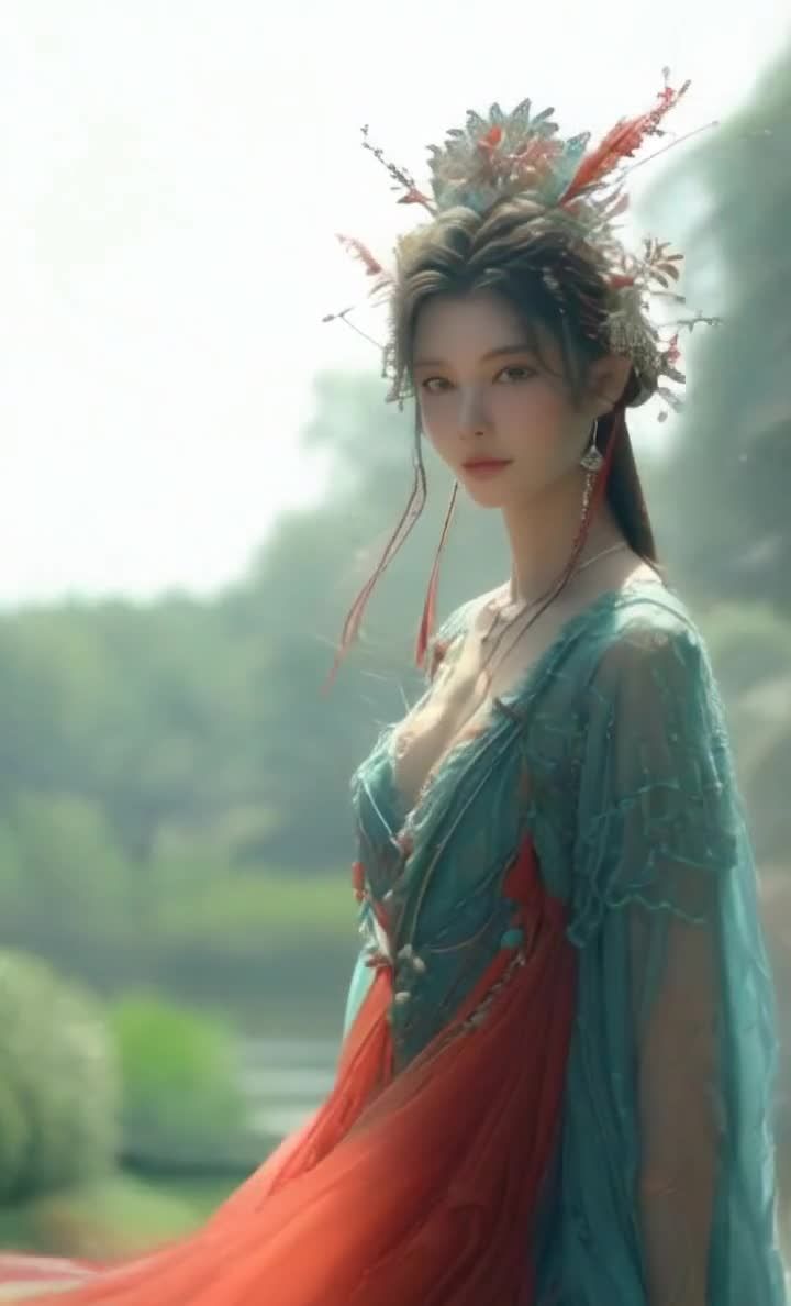 林中着蓝绿长袍的女性，头饰与项链细节呈现