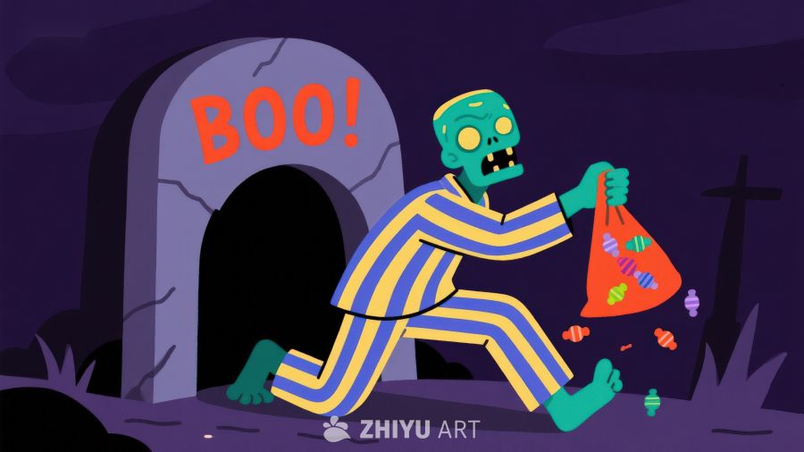 僵尸手提糖果袋，墓碑前惊呼‘BOO！’