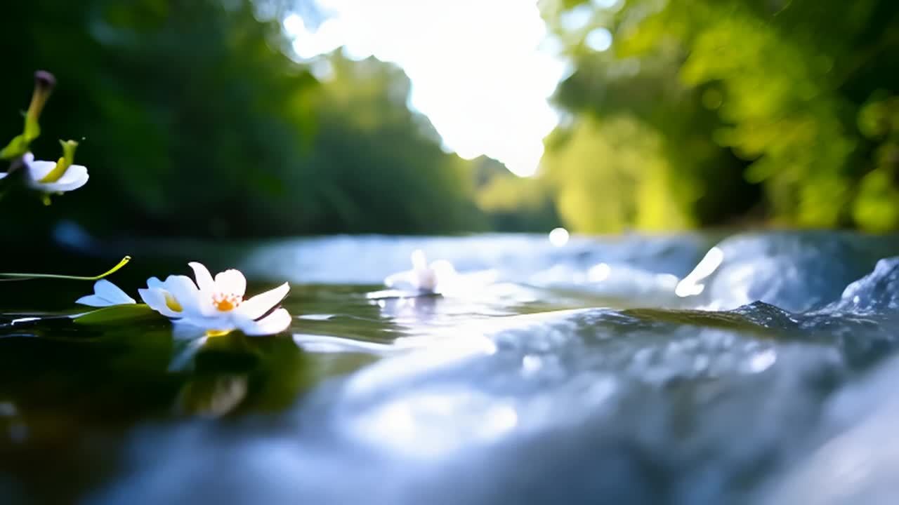 水面漂浮着几朵白色花瓣的花朵。这些花朵中心呈现出黄色，花瓣轻柔地摇曳在水面上。河水的流动带来了一丝宁静与和谐的氛围。周围被郁郁葱葱的树木所环绕，阳光透过树叶洒落下来，形成斑驳的光影效果。微风拂过，水波荡漾，为整个场景增添了一份轻盈与灵动。整体而言，这是一幅充满自然之美的画面，让人感受到大自然的宁静与和谐。