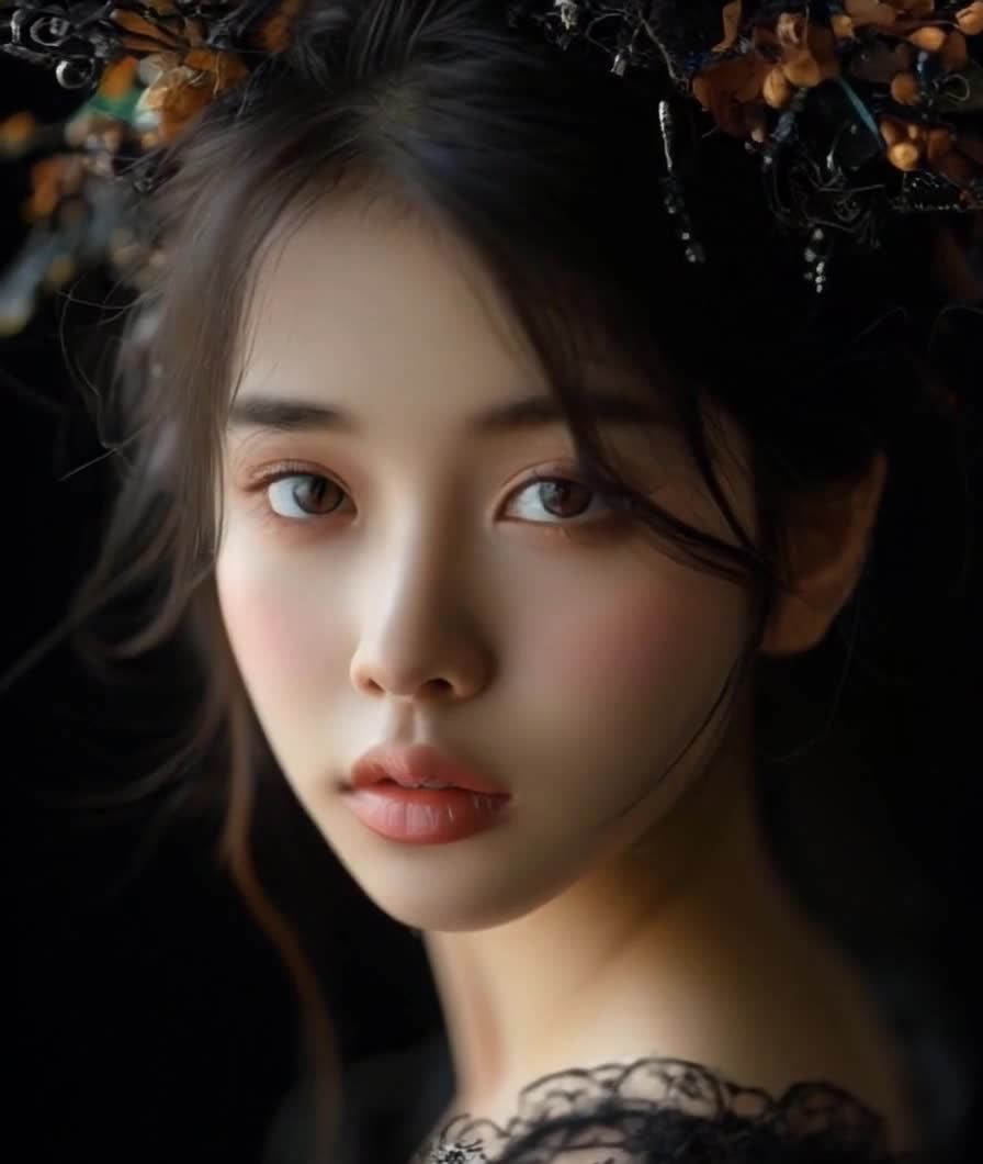 蕾丝黑衣花饰棕发少女的深邃肖像