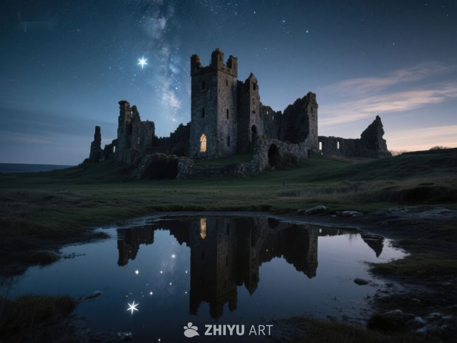 夜空下的古堡遗迹与星河倒影 311
