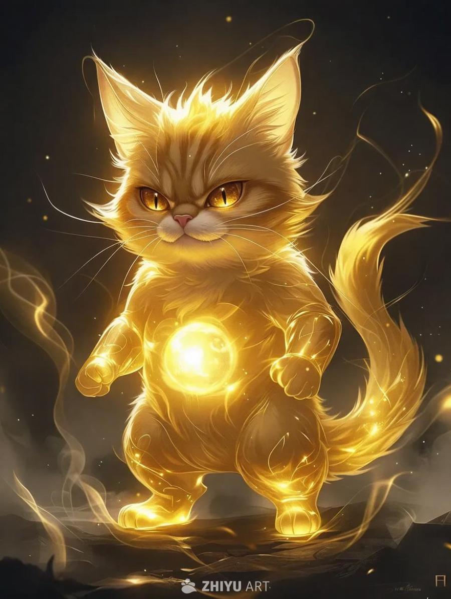 一只半透明、金色发光的小猫，带有飘渺的光环，背景是