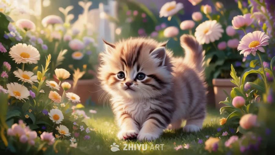 一只毛茸茸的小猫在花园里玩耍。小猫有着柔软的皮毛和