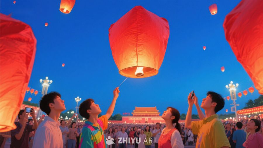 夜空下众人放飞孔明灯 1211