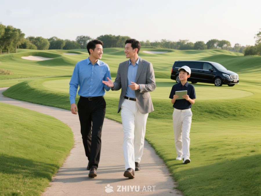 三人高尔夫球场散步交谈 308