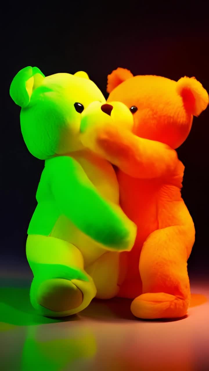 一个荧光绿黄色的泰迪熊正在拥抱一个荧光橙色的泰迪熊