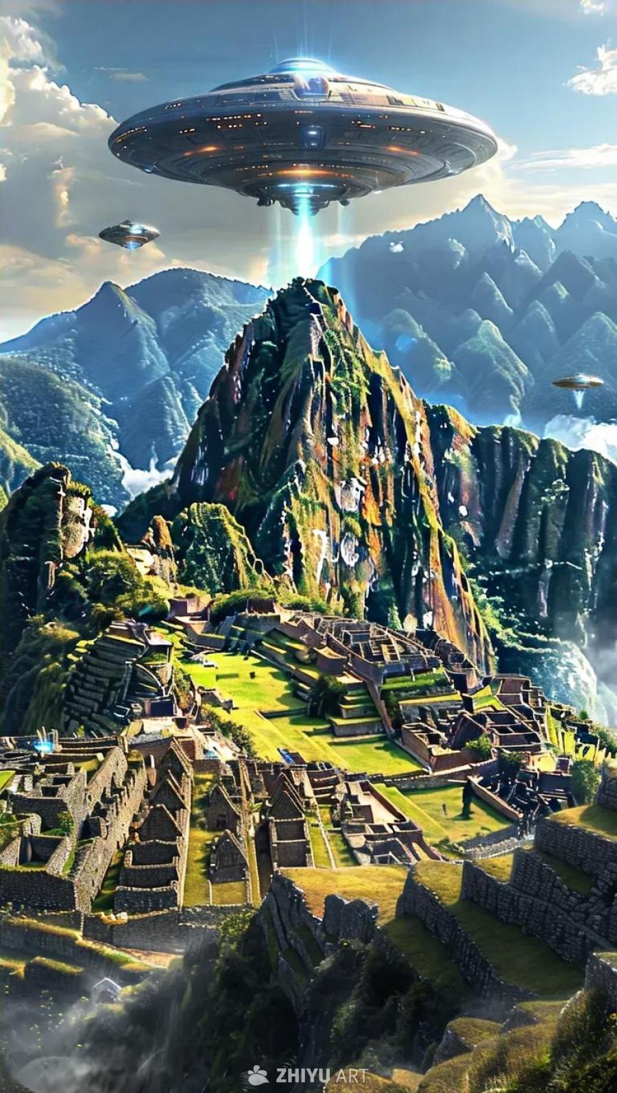 马丘比丘遗址之上，盘旋着数艘碟形飞行器，其中一艘正
