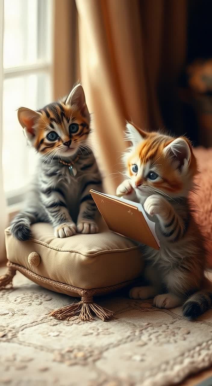 两只小猫在室内重现泰坦尼克号的经典绘画场景。一只小