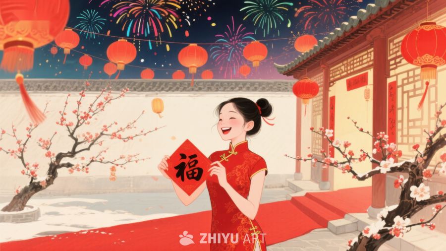 新春佳节，女子手持福字迎庆 1015