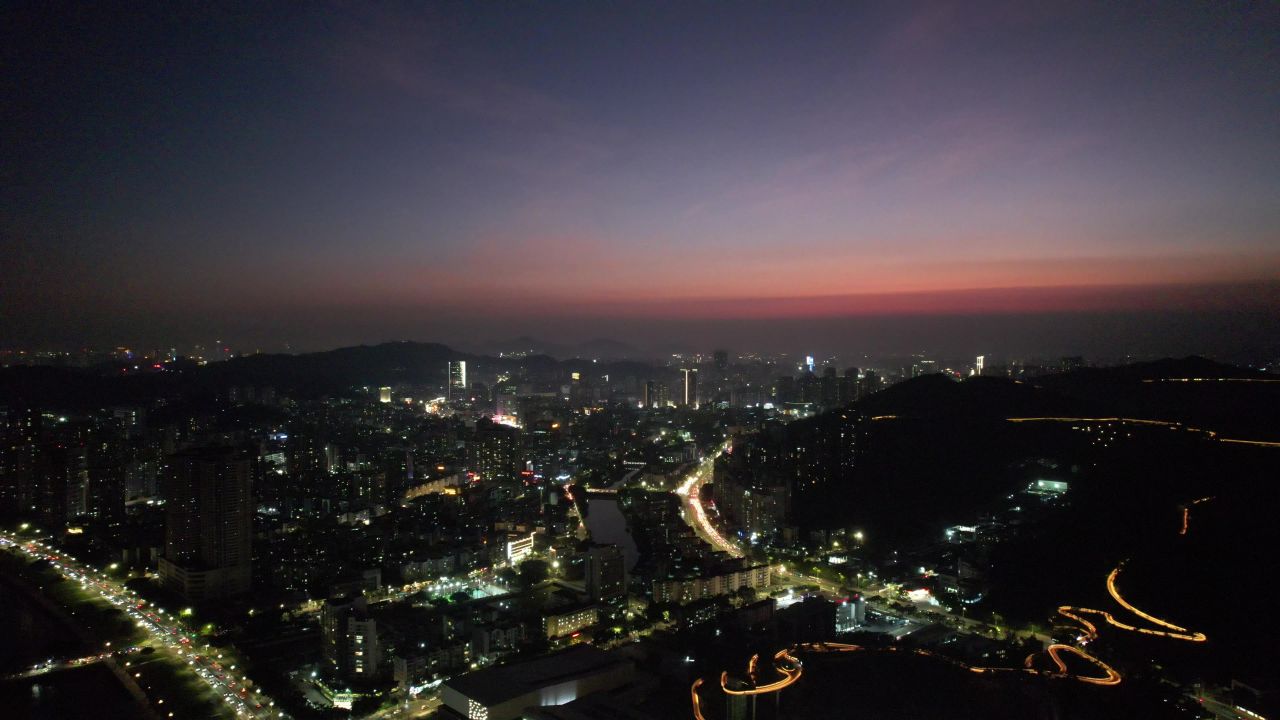 广东珠海城市晚霞夜幕降临航拍