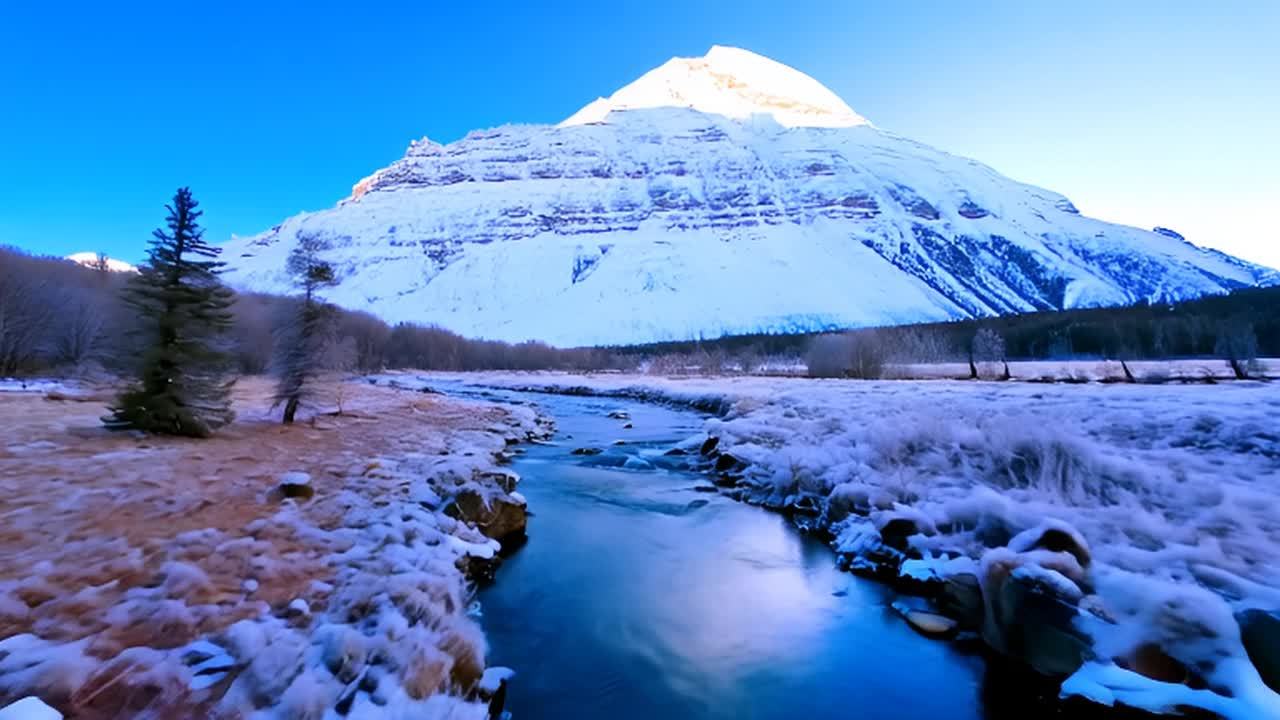 一座覆盖着积雪的高山占据画面，前景中可见一条蜿蜒的