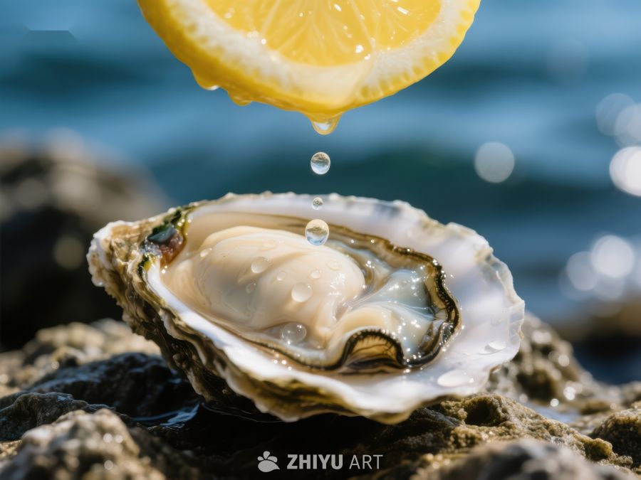柠檬汁滴落生蚝，海边美味瞬间 755