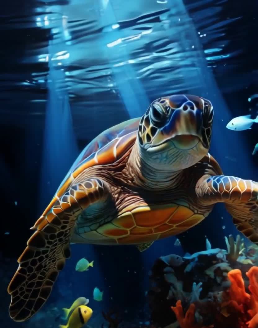 阳光下，橙棕海龟畅游深蓝海水与珊瑚礁