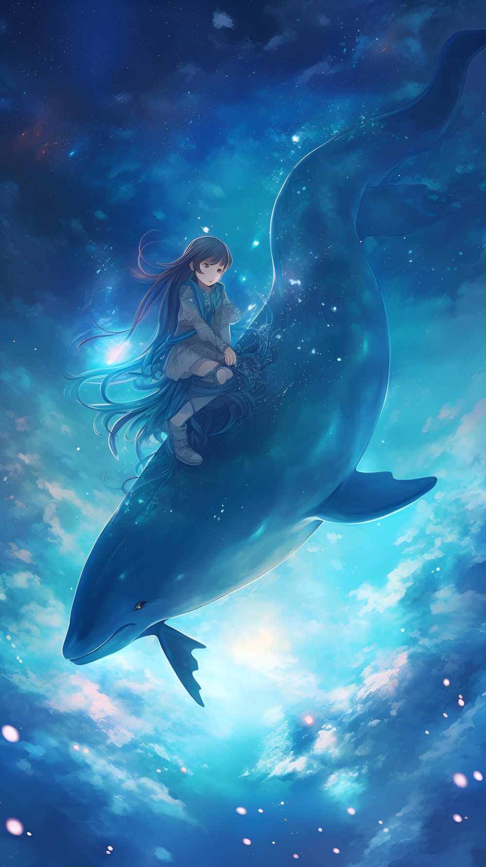 一个女孩和一只乳白色的海豚在天空中