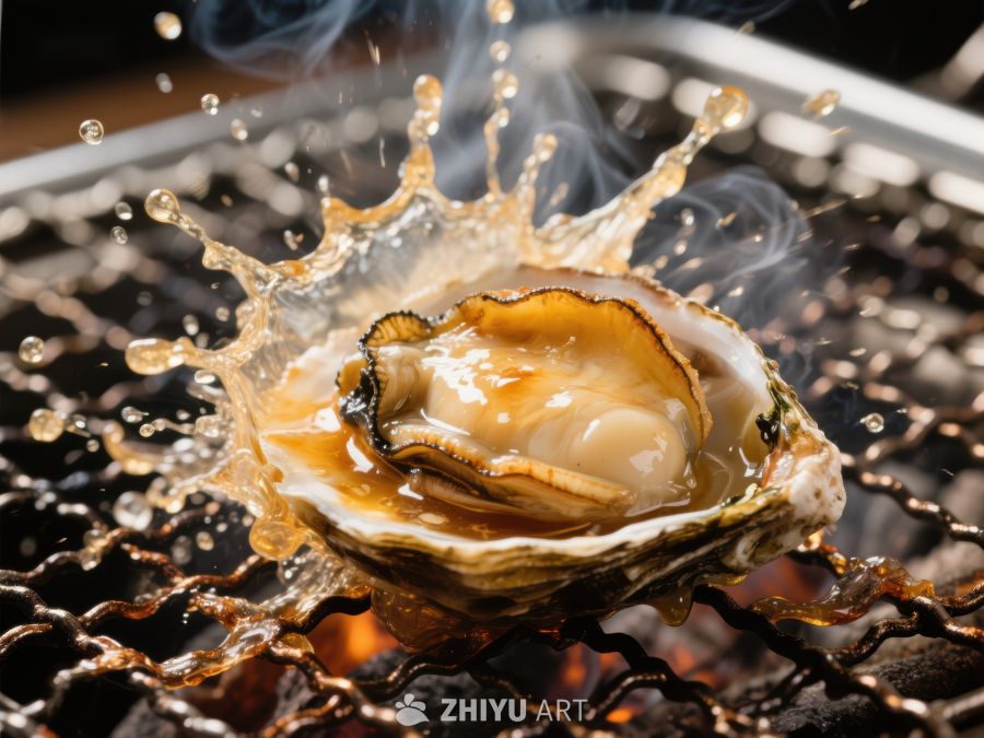 烤制中的生蚝，热油飞溅