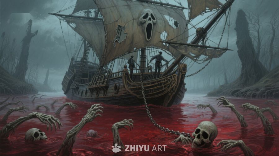 幽灵船在血色水域中航行
