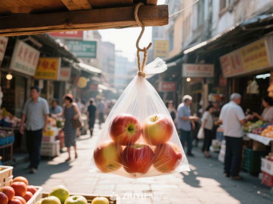 市场摊位前悬挂的苹果袋 499
