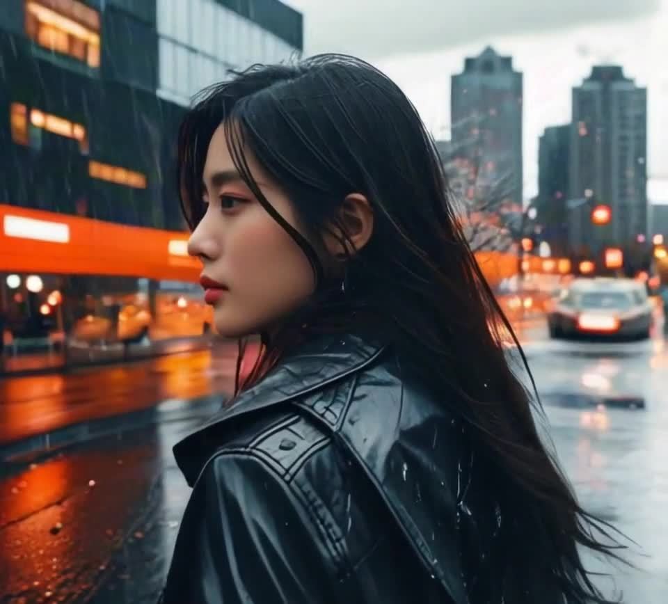 雨夜皮衣少女凝视远方，城市灯光倒影。