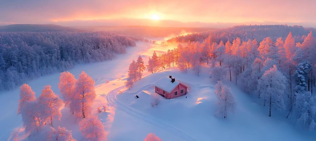 粉色小屋沐浴在雪后日出，暖光映照雪景。