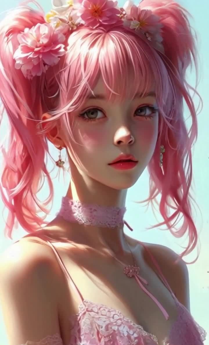 粉发少女：蕾丝与花朵的梦幻结合