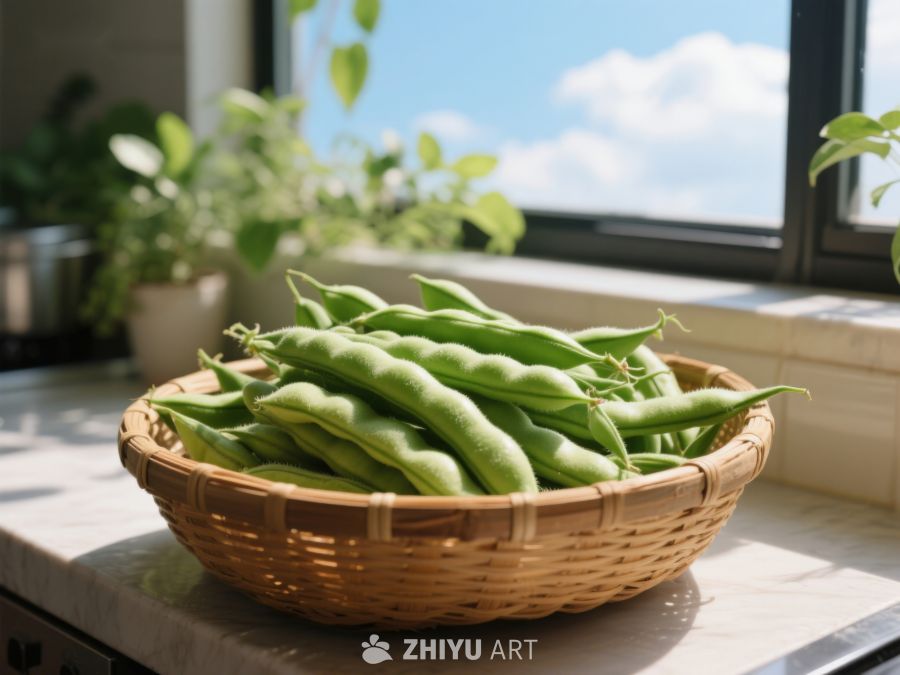 窗边竹篮里的新鲜豆荚 24