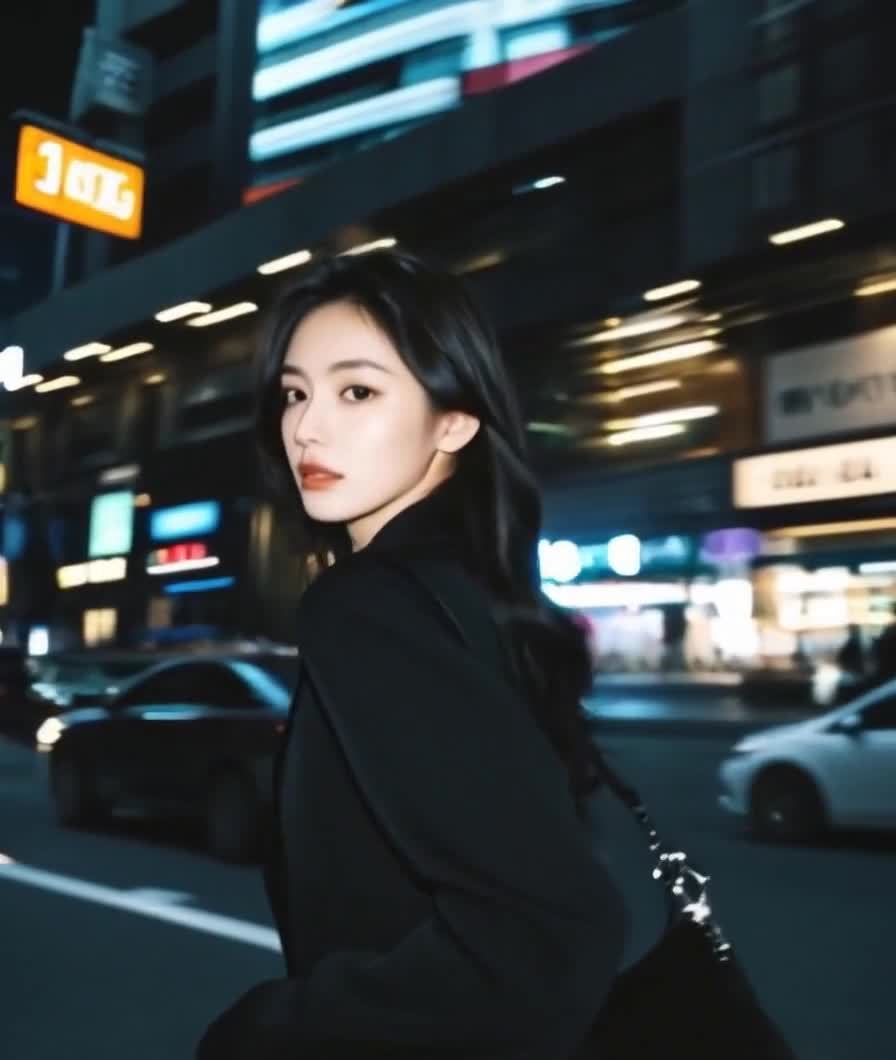 一位留着黑色长发的美女身着黑色外套走在闹市区街道上