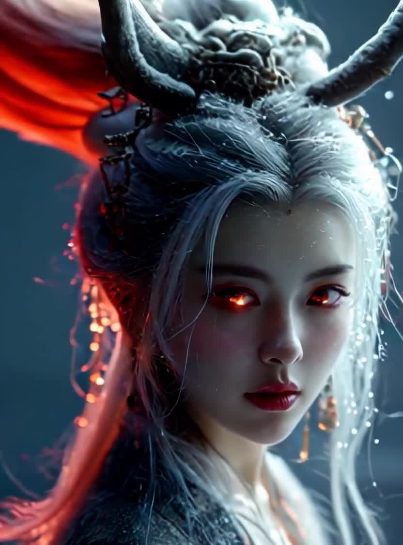 银发红瞳女子特写，梦幻光点，精致妆容。