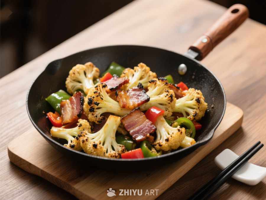 炒锅中的花椰菜培根彩椒美食 33