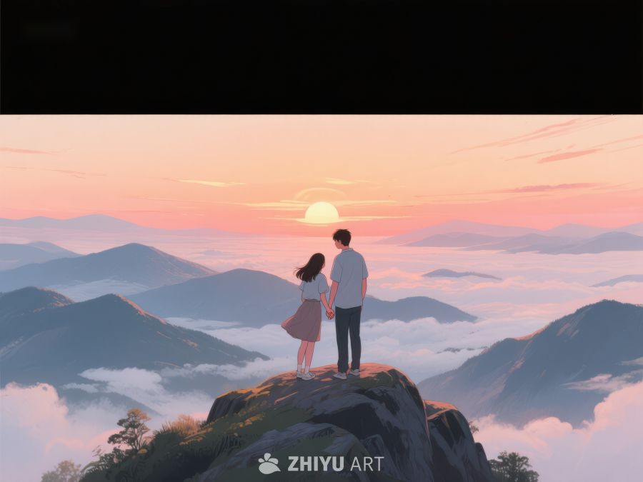 山顶情侣眺望云海日出 637