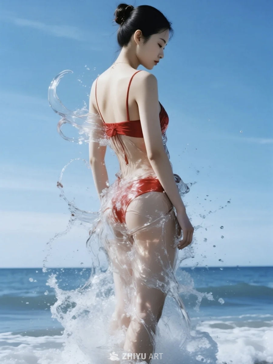 海滩红裙：水花中的夏日风情