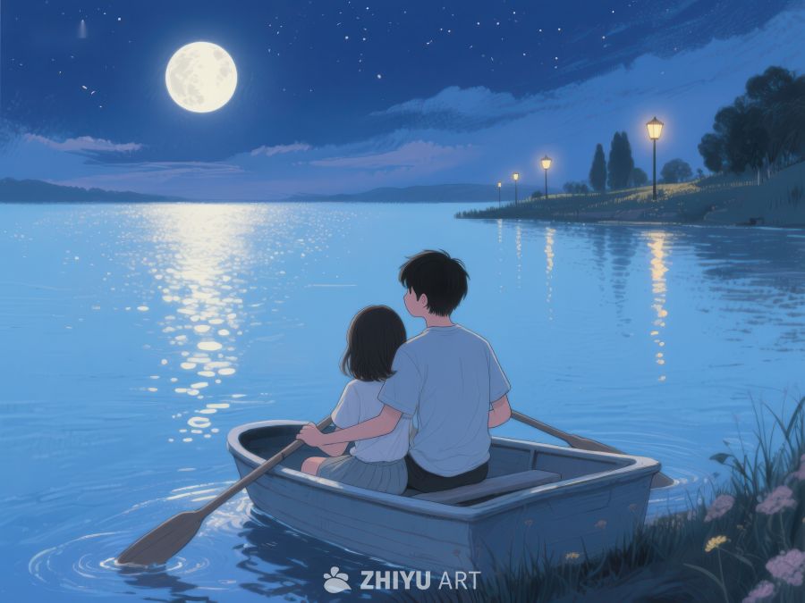 月下湖畔，情侣共划小舟 1132